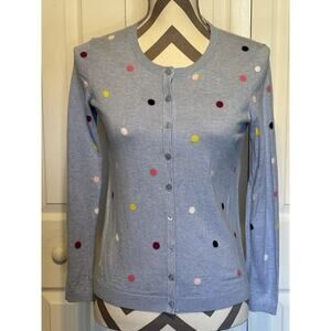 Talbots Womens Petite Light Blue Colorful Polka Dot Soft Cardigan Sweater